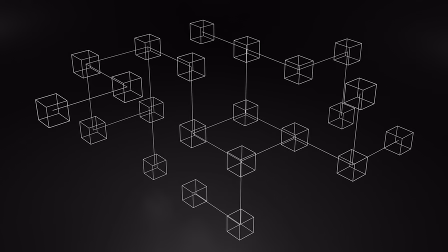 Wireframe 3D illustration of interconnected blocks representing a blockchain network against a dark background