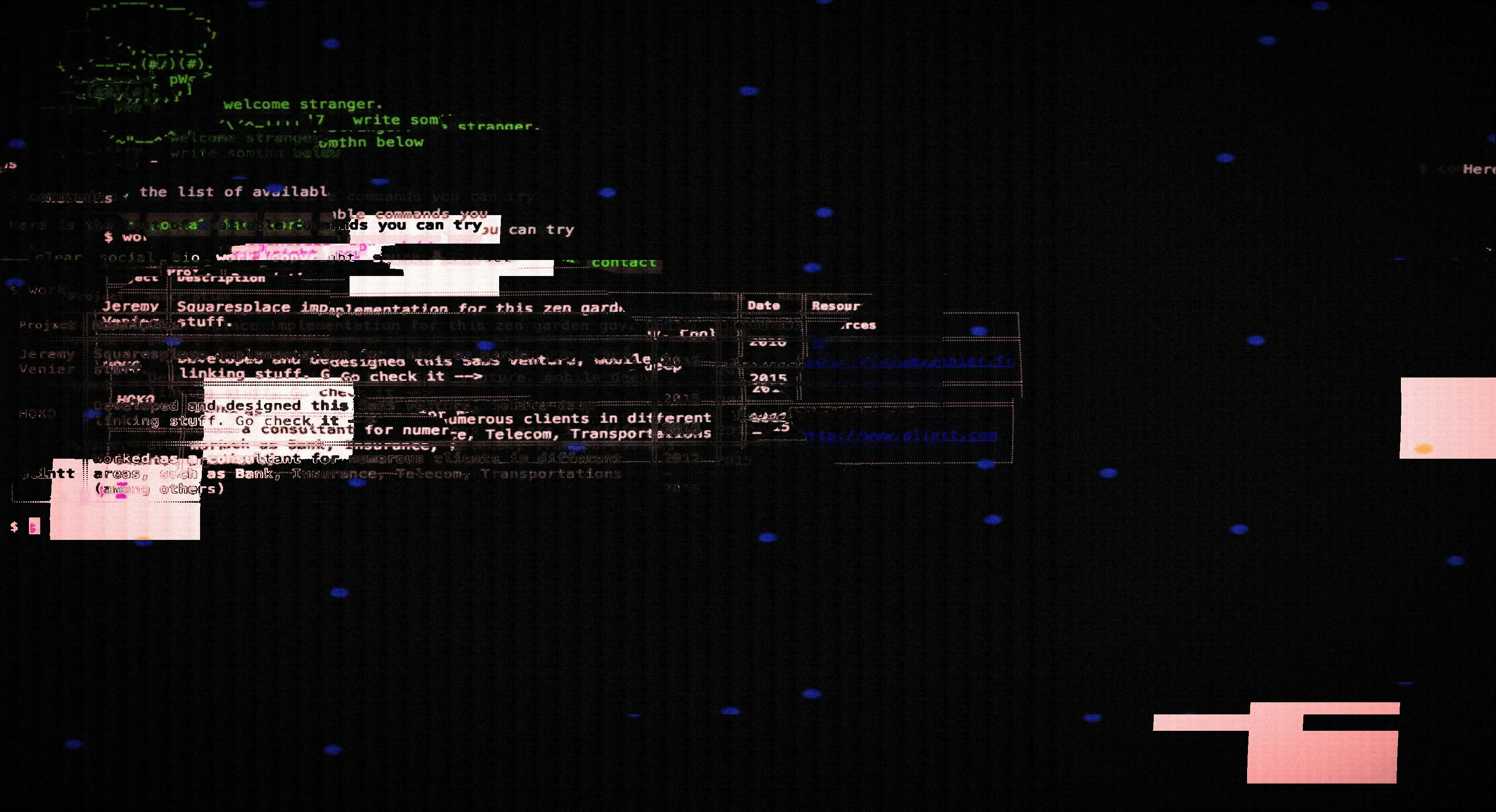 Glitched terminal screen with overlapping code, text fragments and redacted data blocks on a dark background
