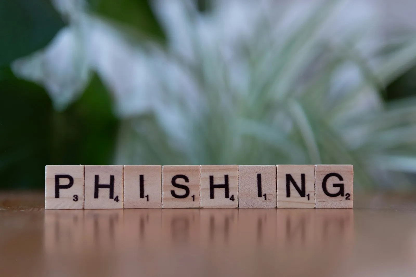 Wooden blocks spelling the word phishing arranged on a table