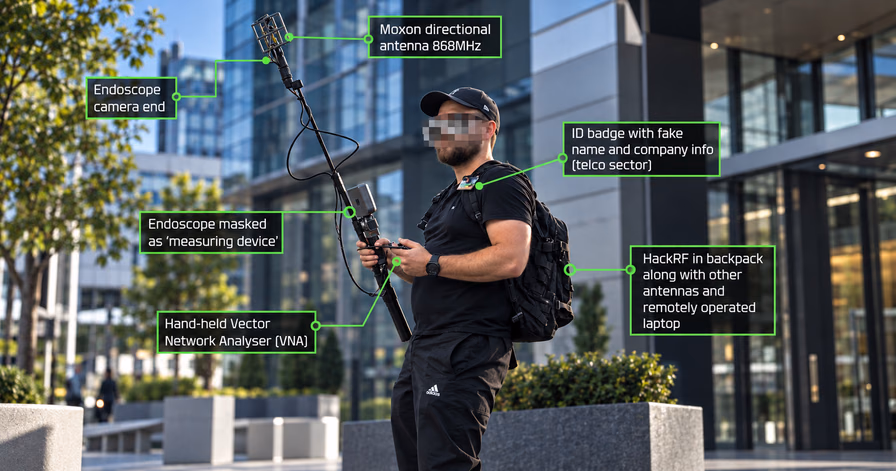 A person in dark clothing holding a tall pole topped with a Moxon antenna and an endoscope camera, standing in front of an office building, with green labels naming each piece of equipment